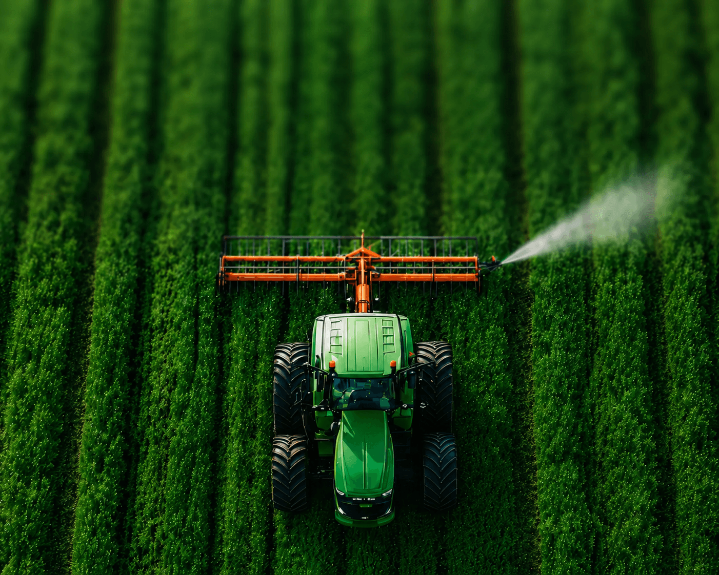 Farmers working in a lush agricultural field at sunrise